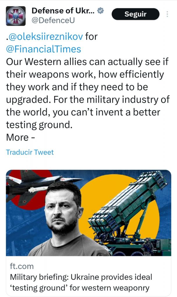 El Ministerio de Defensa de Ucrania presume en un tuit de ofrecer el mejor campo de pruebas para la industria militar 